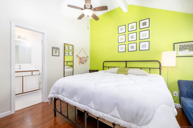 278 Carriage Crossing Ln Unit 278, Middletown, CT 06457 - bedroom with dark wood finished floors, high vaulted ceiling, beam ceiling, connected bathroom, and ceiling fan