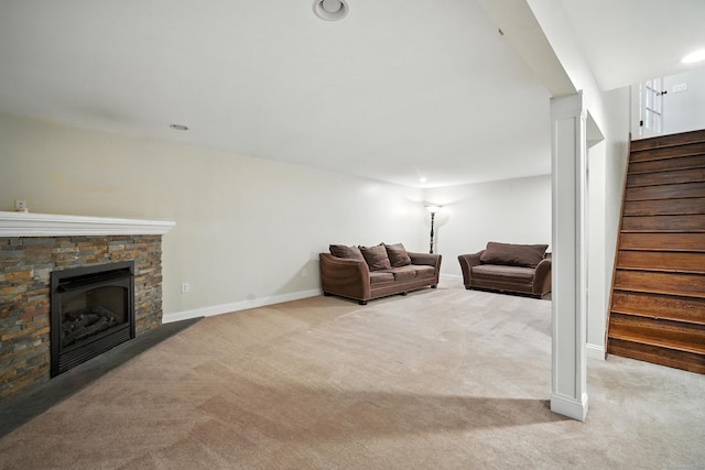 31 Galbraith Rd, Stafford, CT 06071 - living room featuring carpet, stairway, a fireplace, and recessed lighting