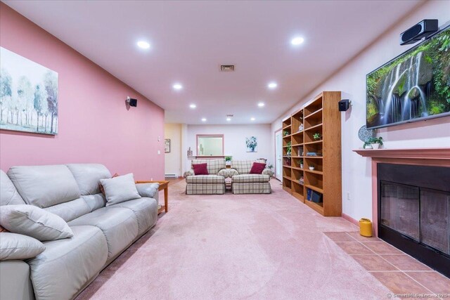 169 Wheeling Rd, Andover, CT 06232 - living room featuring recessed lighting, carpet flooring, a fireplace with flush hearth, and baseboard heating