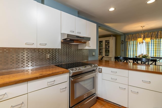 4 Melburn Ave, East Hampton, CT 06424 - kitchen featuring under cabinet range hood, stainless steel electric range oven, wooden counters, backsplash, and white cabinets