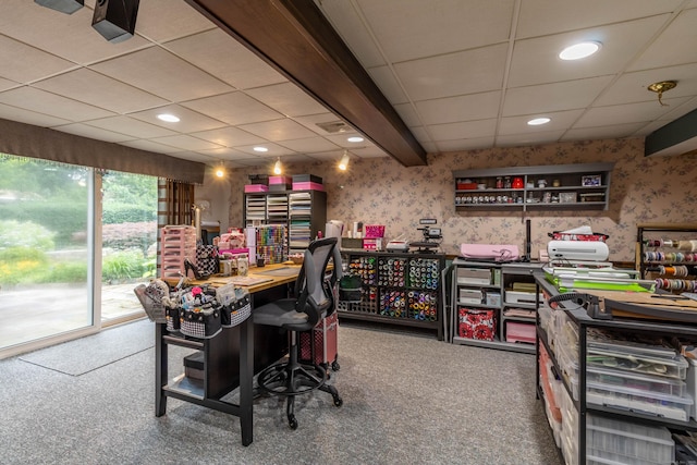 4 Melburn Ave, East Hampton, CT 06424 - home office featuring wallpapered walls, carpet floors, a paneled ceiling, and recessed lighting