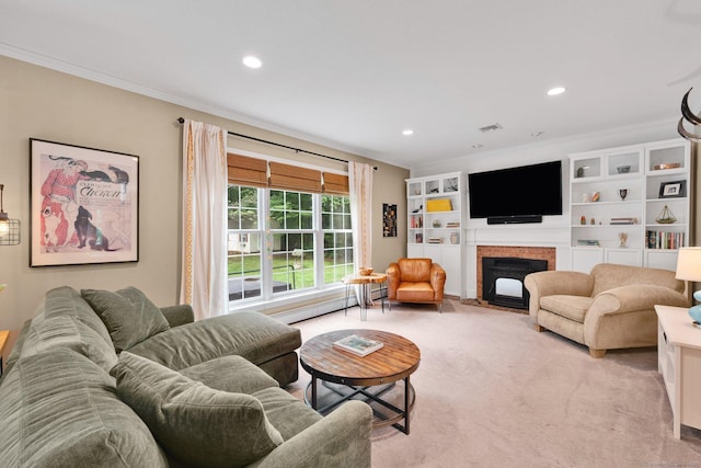 190 Charles St, Tolland, CT 06084 - living area featuring ornamental molding, light carpet, a brick fireplace, and recessed lighting
