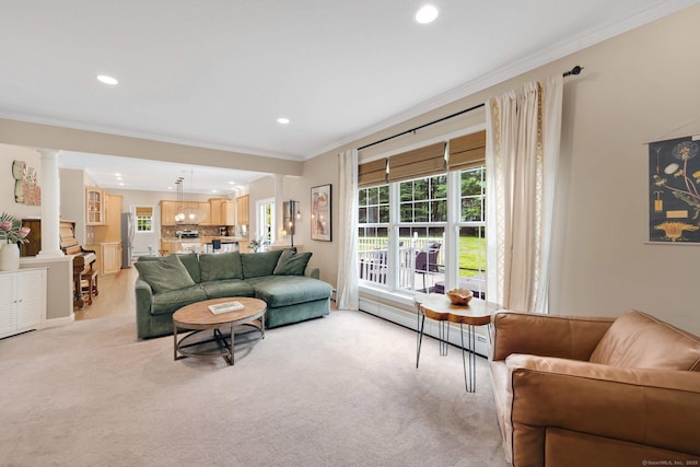 190 Charles St, Tolland, CT 06084 - living room featuring decorative columns, crown molding, recessed lighting, and light colored carpet