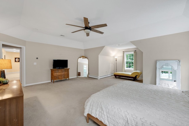 190 Charles St, Tolland, CT 06084 - bedroom with light colored carpet, ceiling fan, and arched walkways
