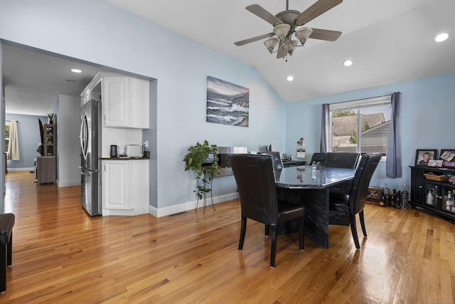 107 May St, West Haven, CT 06516 - dining space featuring light wood-style floors, ceiling fan, lofted ceiling, and recessed lighting