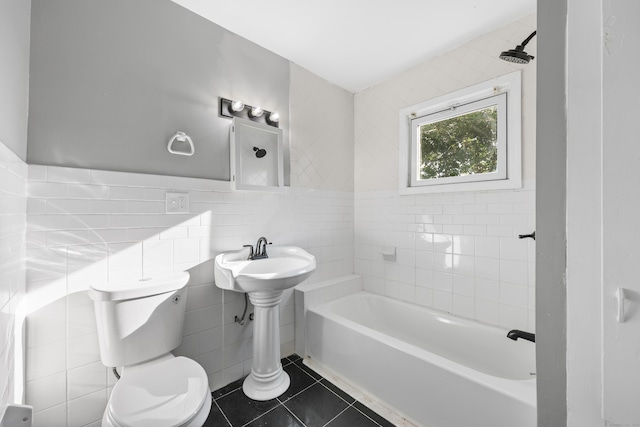 122 Oak St, Naugatuck, CT 06770 - bathroom with a tub to relax in, tile walls, tile patterned floors, and a shower