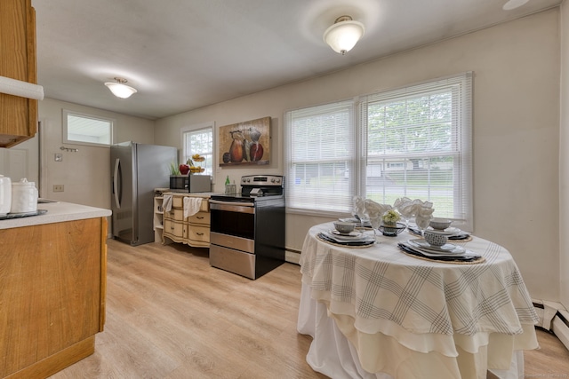 55 Taylor Rd, East Hartford, CT 06110 - kitchen with stainless steel appliances, light wood finished floors, light countertops, and a baseboard radiator