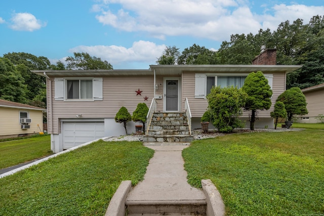 87 Kaynor Dr, Waterbury, CT 06708 - view of front of property featuring a garage, a front lawn, entry steps, and a chimney