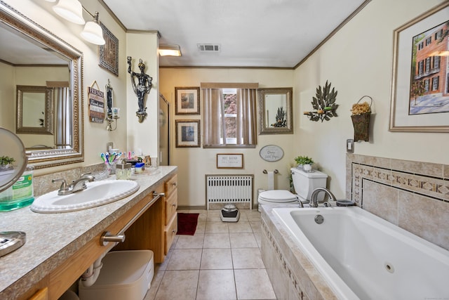 87 Kaynor Dr, Waterbury, CT 06708 - full bathroom featuring radiator, a whirlpool tub, vanity, tile patterned floors, and ornamental molding