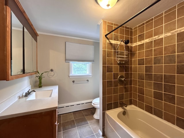 2 Wentworth Dr, Milford, CT 06460 - full bathroom with a baseboard radiator, vanity, ornamental molding, tile patterned flooring, and bathing tub / shower combination