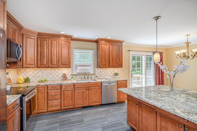 15 Sky Edge Ln, Bethel, CT 06801 - kitchen featuring stainless steel appliances, a chandelier, backsplash, pendant lighting, and light stone countertops