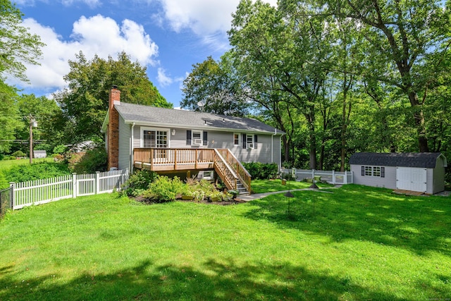 15 Sky Edge Ln, Bethel, CT 06801 - rear view of house with a shed, a deck, a fenced backyard, a chimney, and stairway