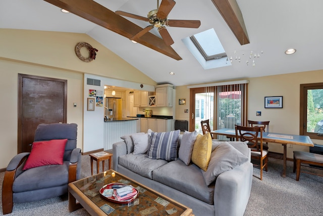 35 Grandview Ter, Wethersfield, CT 06109 - living area with a skylight, a ceiling fan, high vaulted ceiling, carpet flooring, and plenty of natural light