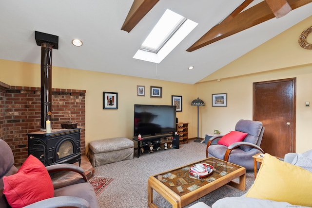 35 Grandview Ter, Wethersfield, CT 06109 - carpeted living room featuring a skylight, a wood stove, and recessed lighting