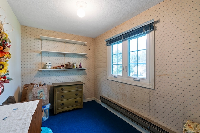 35 Grandview Ter, Wethersfield, CT 06109 - bedroom with baseboard heating, wallpapered walls, a textured ceiling, and dark colored carpet