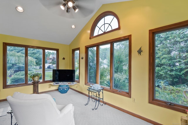 35 Grandview Ter, Wethersfield, CT 06109 - living area featuring a ceiling fan, carpet floors, healthy amount of natural light, high vaulted ceiling, and recessed lighting