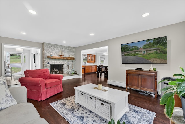 3 Laurel Hill Dr S, East Lyme, CT 06357 - living room with dark wood-style floors, a stone fireplace, and recessed lighting