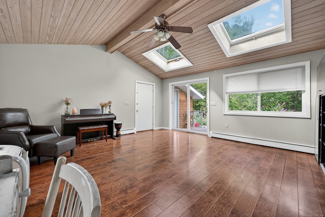 3 Laurel Hill Dr S, East Lyme, CT 06357 - living room with a baseboard heating unit, a skylight, a ceiling fan, hardwood / wood-style floors, and wood ceiling