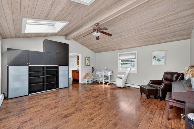 3 Laurel Hill Dr S, East Lyme, CT 06357 - living area featuring a skylight, hardwood / wood-style flooring, a ceiling fan, wood ceiling, and baseboard heating