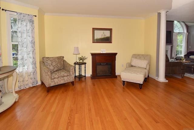 55 Hydrangea Ln, Suffield, CT 06078 - sitting room featuring decorative columns, wood finished floors, a glass covered fireplace, healthy amount of natural light, and ornamental molding