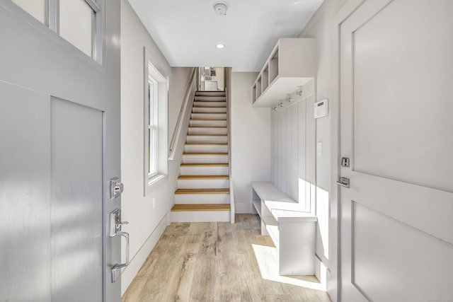 888 Oldfield Rd, Fairfield, CT 06824 - mudroom with light wood-style floors and recessed lighting