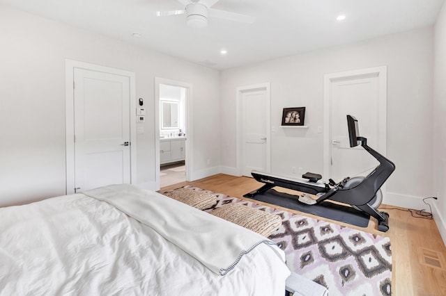 888 Oldfield Rd, Fairfield, CT 06824 - bedroom featuring light wood-type flooring, recessed lighting, ensuite bath, and a ceiling fan