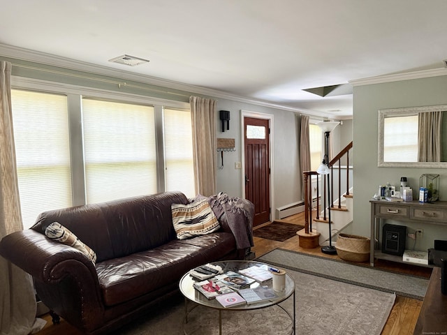 271 Jeniford Rd, Fairfield, CT 06824 - living area featuring a baseboard radiator, wood finished floors, ornamental molding, plenty of natural light, and stairway
