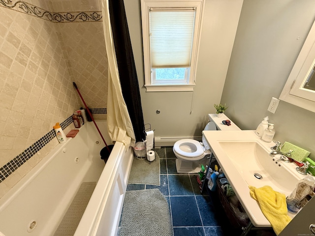 271 Jeniford Rd, Fairfield, CT 06824 - full bath featuring tile patterned flooring, vanity, a combined bath / shower with jetted tub, and a baseboard radiator