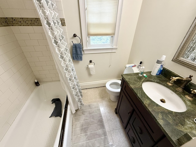 271 Jeniford Rd, Fairfield, CT 06824 - full bath with a baseboard heating unit, vanity, shower / tub combo, and tile patterned floors