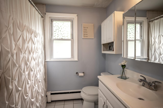 16 Westview Dr, Bethel, CT 06801 - full bathroom featuring baseboard heating, vanity, tile patterned floors, and a shower with shower curtain