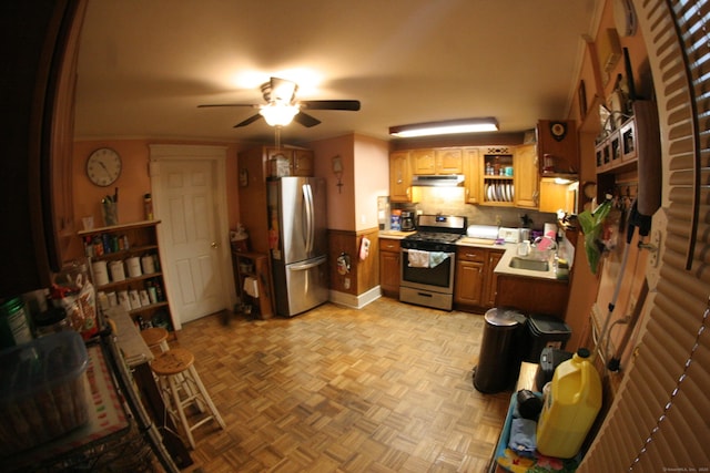 375 Baldwin St, Waterbury, CT 06706 - kitchen featuring stainless steel appliances, under cabinet range hood, a ceiling fan, open shelves, and a wainscoted wall