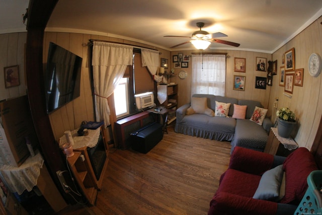 375 Baldwin St, Waterbury, CT 06706 - living room with a ceiling fan, wood finished floors, wooden walls, crown molding, and cooling unit