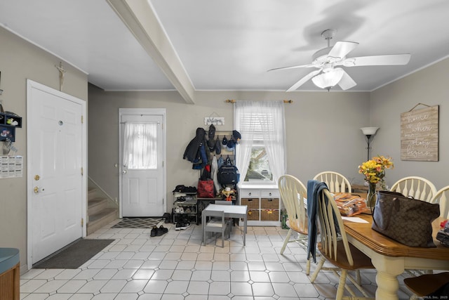 78 Church St, Hamden, CT 06514 - dining room featuring healthy amount of natural light, light flooring, a ceiling fan, and stairs