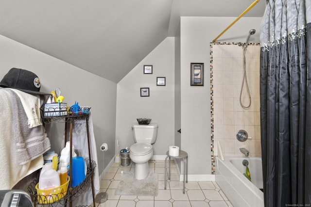78 Church St, Hamden, CT 06514 - bathroom featuring shower / bath combination with curtain, lofted ceiling, and tile patterned floors