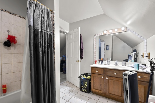 78 Church St, Hamden, CT 06514 - bathroom with vaulted ceiling, vanity, and shower / bathtub combination with curtain