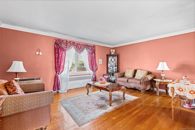 90 Strawberry Hill Ave Unit 3, Stamford, CT 06902 - living area with radiator heating unit, crown molding, and light wood-style flooring