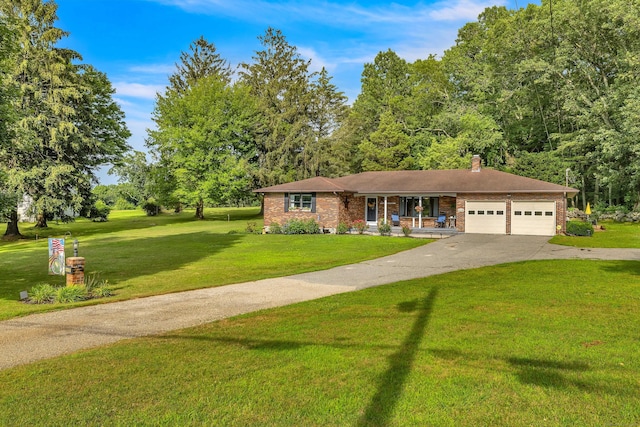 449 Mohegan Avenue Parkway, Waterford, CT 06375 - ranch-style house with a porch, a front lawn, driveway, a chimney, and brick siding