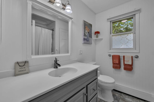 449 Mohegan Avenue Parkway, Waterford, CT 06375 - full bath with baseboard heating, vanity, crown molding, and a shower with curtain