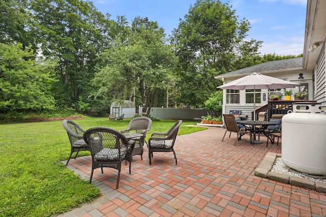 17 Valley Stream Dr, Danbury, CT 06811 - view of patio / terrace with outdoor dining space, a shed, and view of scattered trees