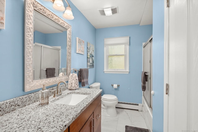 17 Valley Stream Dr, Danbury, CT 06811 - full bathroom with a baseboard heating unit, vanity, marble finish floors, and combined bath / shower with glass door