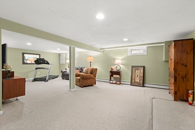 17 Valley Stream Dr, Danbury, CT 06811 - living area featuring a baseboard heating unit, carpet floors, recessed lighting, and a textured ceiling