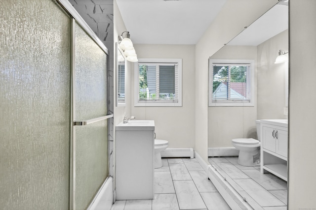 198 Macon Dr, Bridgeport, CT 06606 - bathroom with baseboard heating, marble finish flooring, vanity, and shower / bath combination with glass door