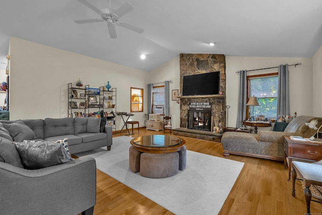 41 Fog Plain Rd, Waterford, CT 06385 - living room with lofted ceiling, ceiling fan, a fireplace, and light wood finished floors