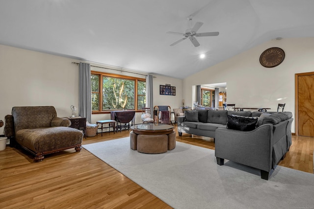 41 Fog Plain Rd, Waterford, CT 06385 - living area with vaulted ceiling, a ceiling fan, and light wood-style floors