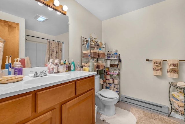 41 Fog Plain Rd, Waterford, CT 06385 - full bath with a baseboard heating unit, vanity, tile patterned floors, and curtained shower