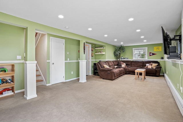 76 Valley View Rd, Norwalk, CT 06851 - living room with carpet floors, recessed lighting, and stairway