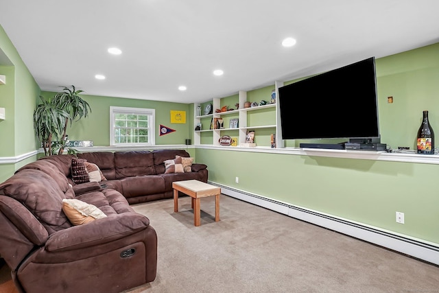 76 Valley View Rd, Norwalk, CT 06851 - living room featuring a baseboard heating unit, carpet flooring, and recessed lighting