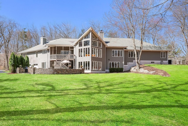 80 Norton Rd, Easton, CT 06612 - rear view of property featuring a sunroom, a chimney, a lawn, and stairs