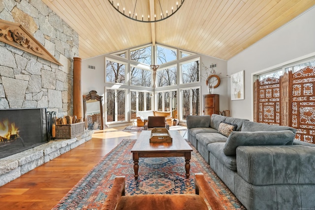 80 Norton Rd, Easton, CT 06612 - living area featuring a chandelier, wood finished floors, high vaulted ceiling, wood ceiling, and a stone fireplace