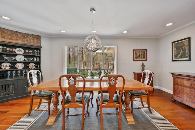 80 Norton Rd, Easton, CT 06612 - dining area featuring wood finished floors, recessed lighting, ornamental molding, and a chandelier